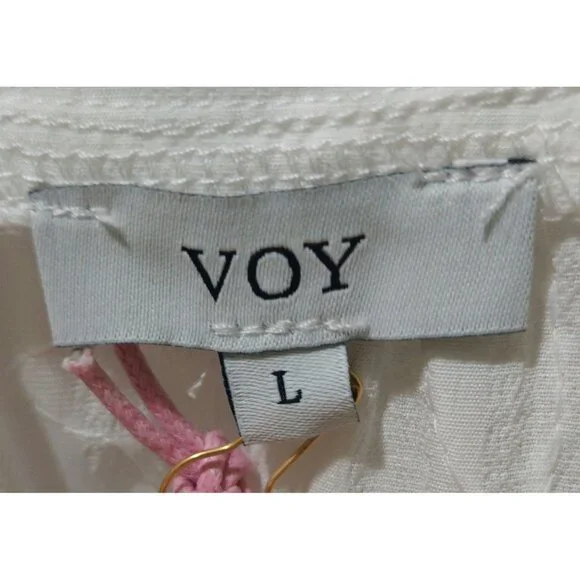 NWT Voy White Floral Embroidered Sleeveless Ruffle Button-Up Blouse Size Large - Picture 2 of 9